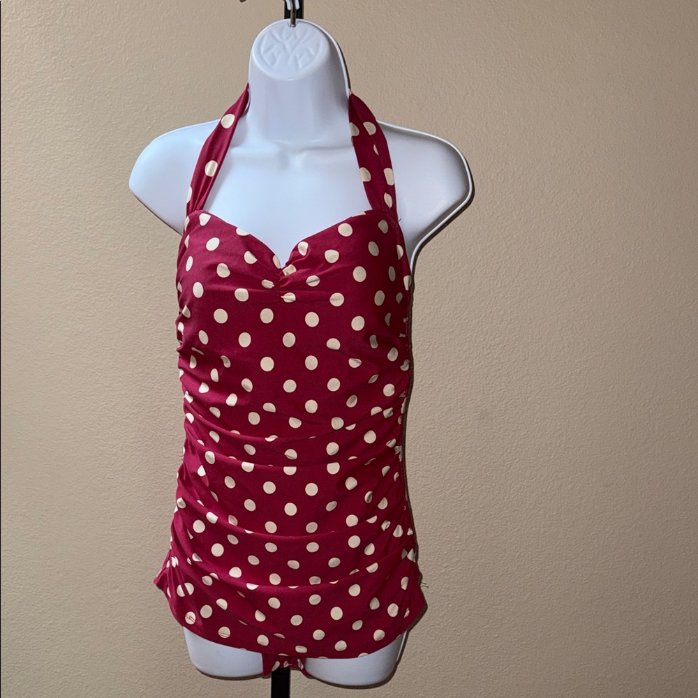 Esther Williams Rockabilly Polka Dot Halter One Piece Burgundy Cream Women’s 12